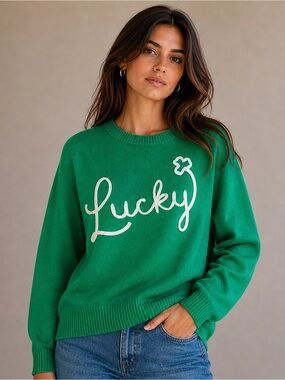 32 Degrees Green 'Lucky' Script Crewneck Sweater